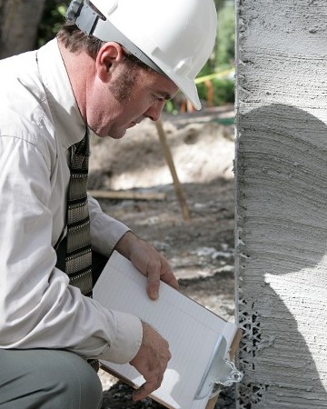 Inspector looking at exterior of building 